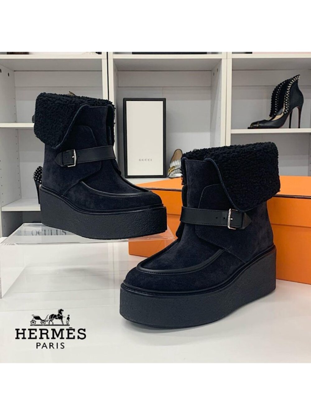Hermes Emmisfer Suede Sheepskin Belt Short Boots